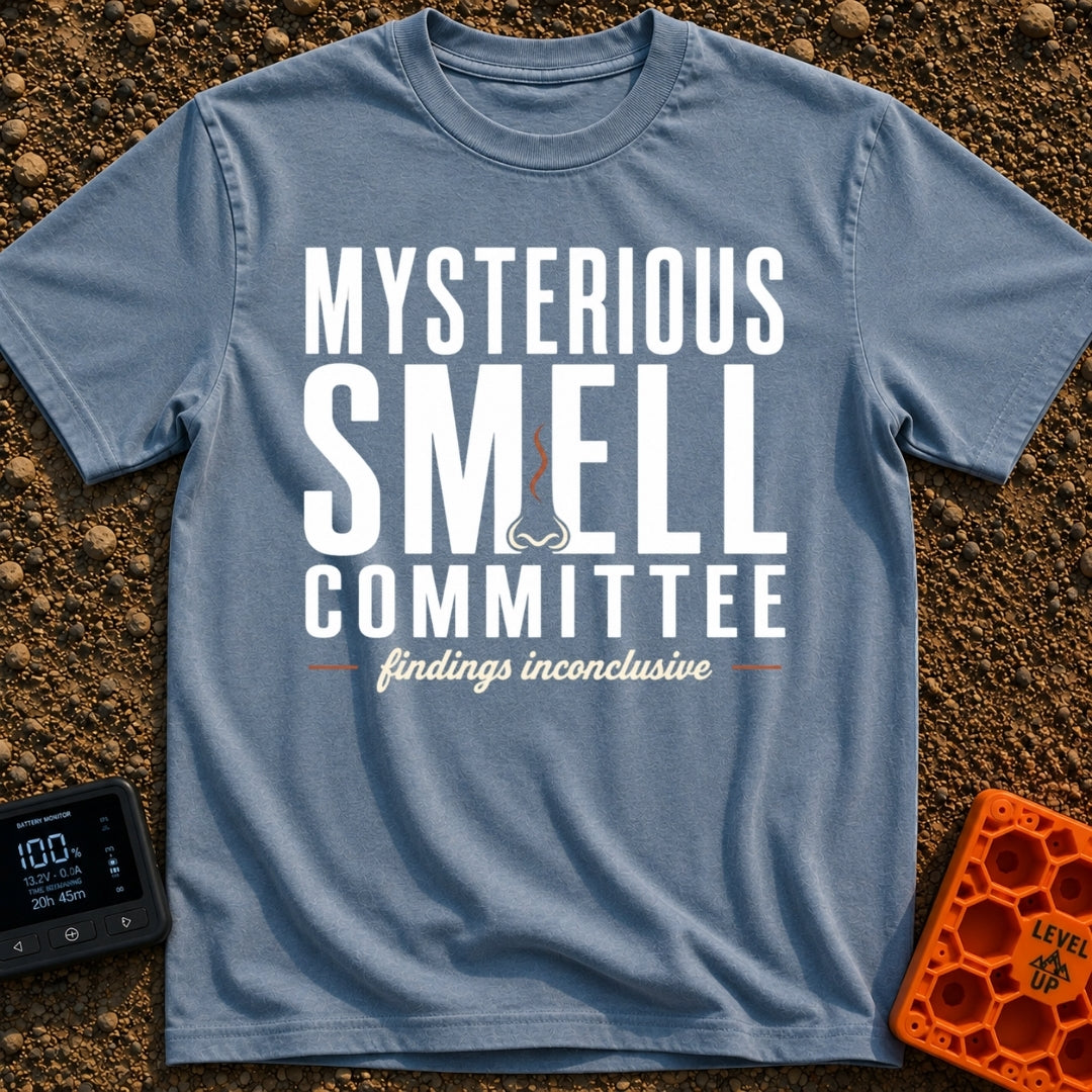 Mysterious Smell Commit - T-Shirt in Blue Jean - The design features the text "MYSTERIOUS SMELL COMMITTEE" in large block...