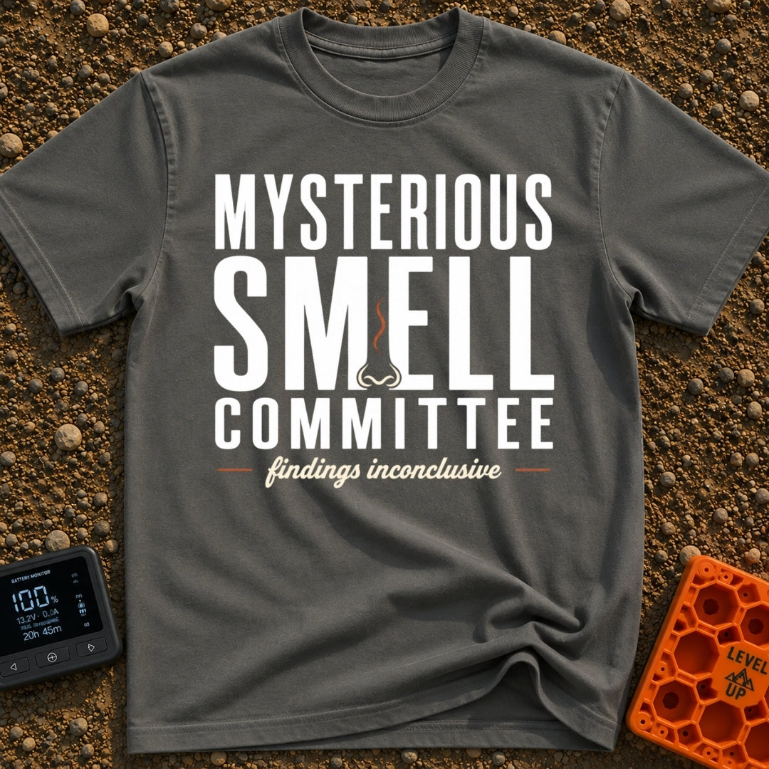 Mysterious Smell Commit - T-Shirt in Pepper - The design features the text "MYSTERIOUS SMELL COMMITTEE" in large block...
