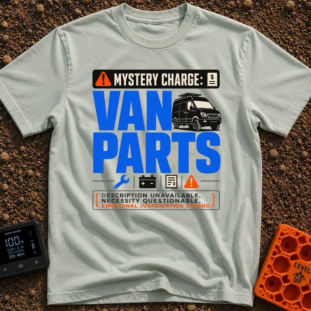 Mystery Charge Parts - T-Shirt in Bay - A graphic design featuring the large text "VAN PARTS" next to an illustration of...
