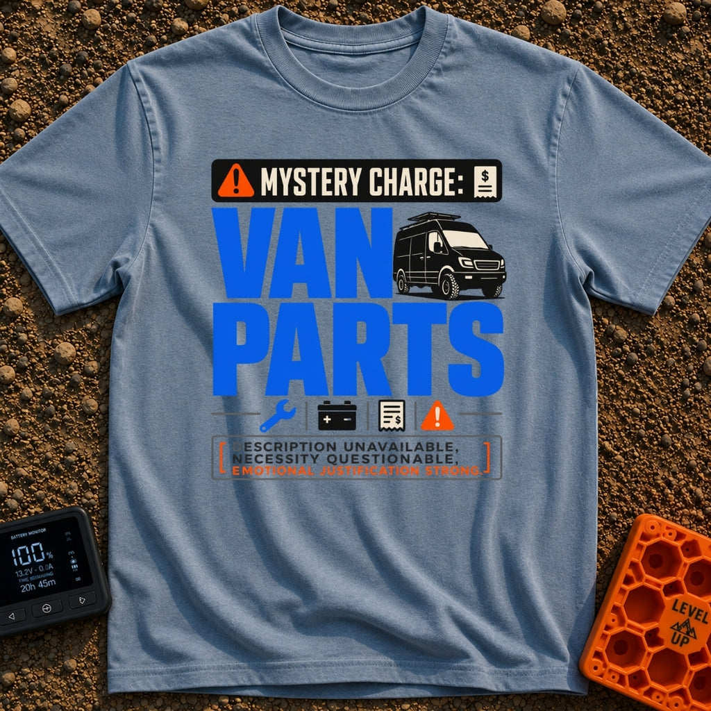 Mystery Charge Parts - T-Shirt in Blue Jean - A graphic design featuring the large text "VAN PARTS" next to an...