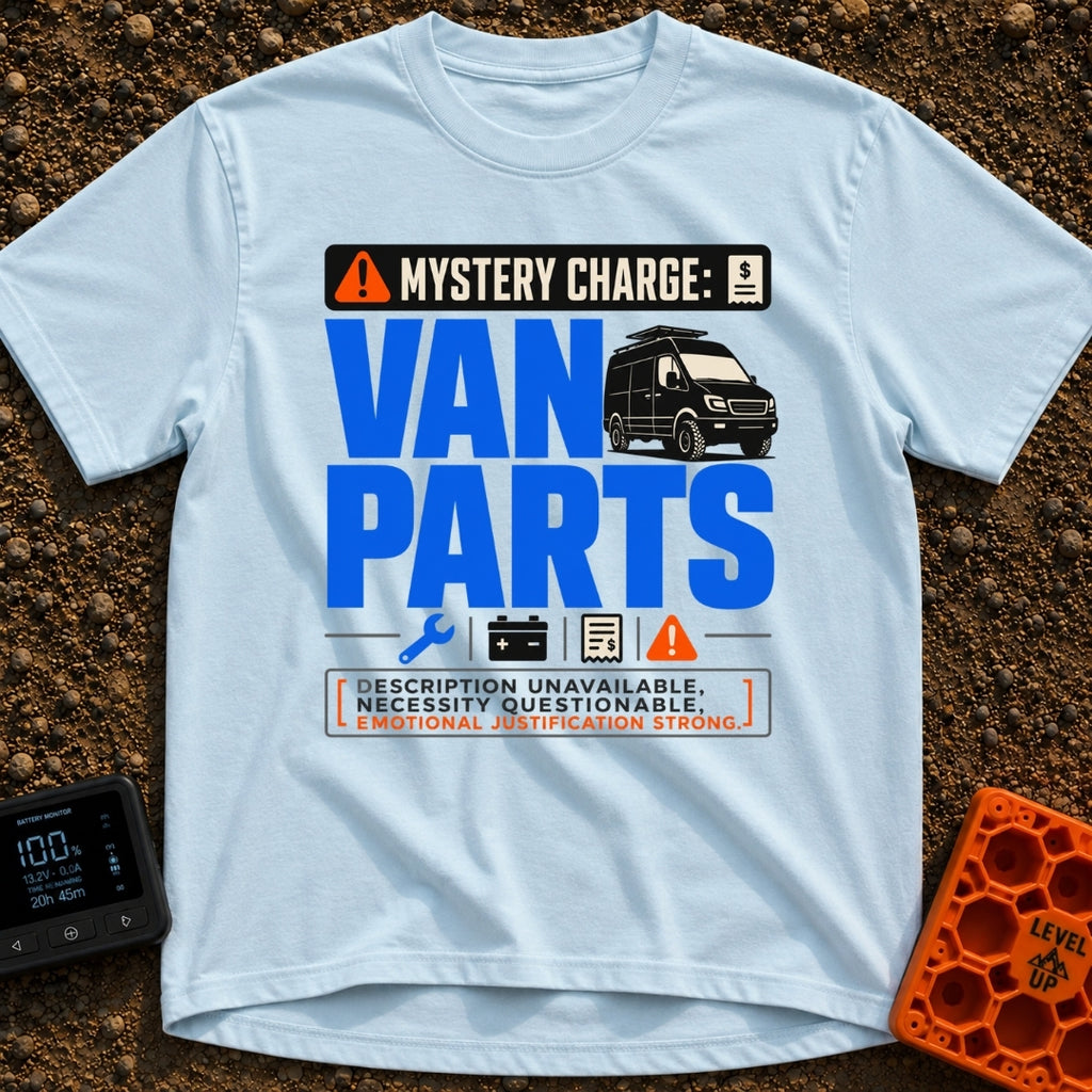 Mystery Charge Parts - T-Shirt in Chambray - A graphic design featuring the large text "VAN PARTS" next to an...