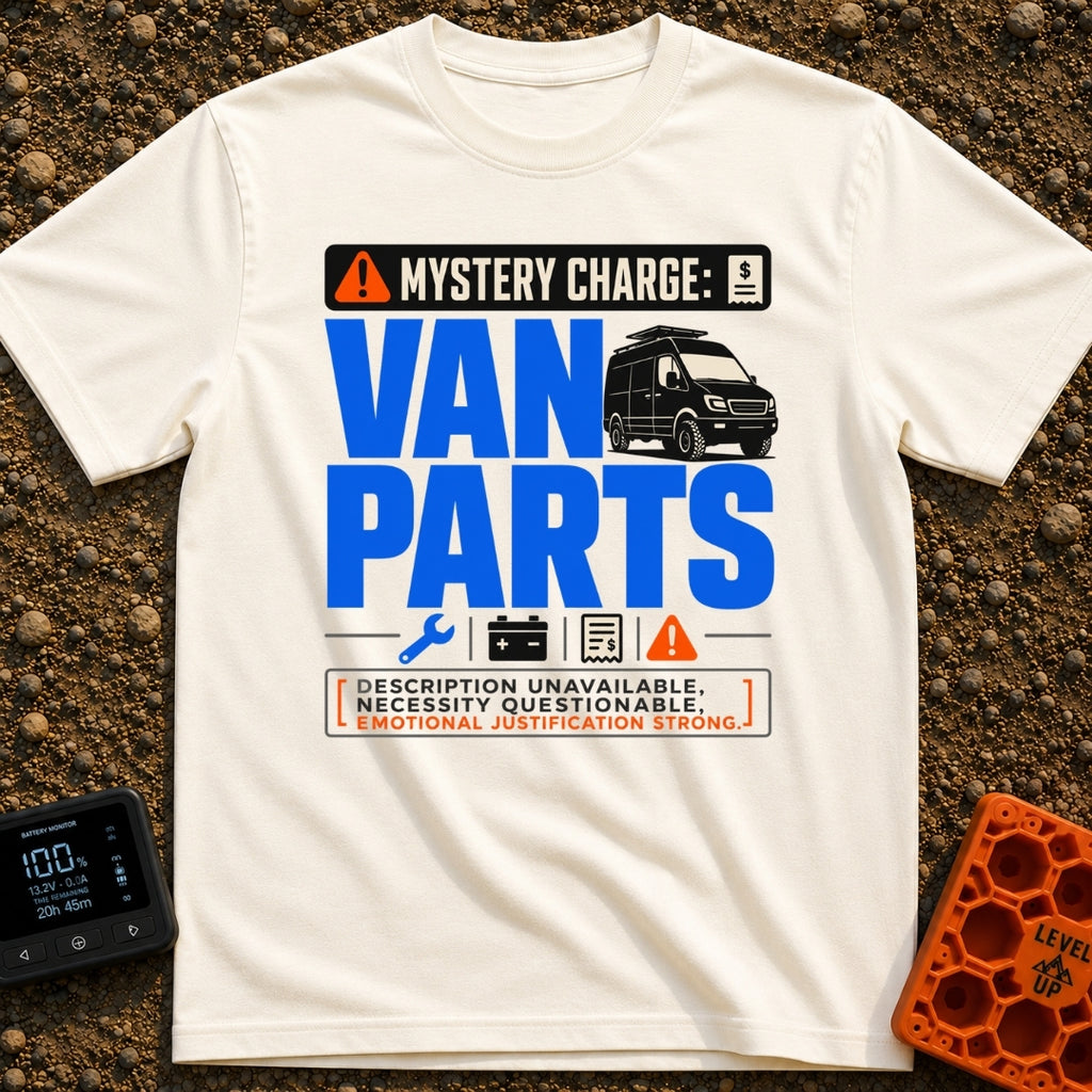 Mystery Charge Parts - T-Shirt in Ivory - A graphic design featuring the large text "VAN PARTS" next to an illustration...
