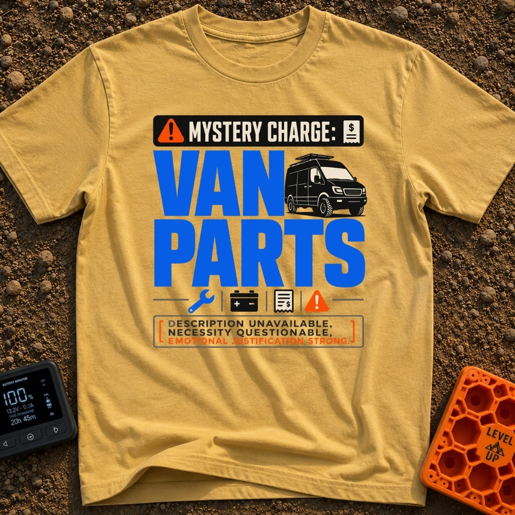 Mystery Charge Parts - T-Shirt in Mustard - A graphic design featuring the large text "VAN PARTS" next to an illustration...