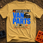 Mystery Charge Parts - T-Shirt in Mustard - A graphic design featuring the large text "VAN PARTS" next to an illustration...