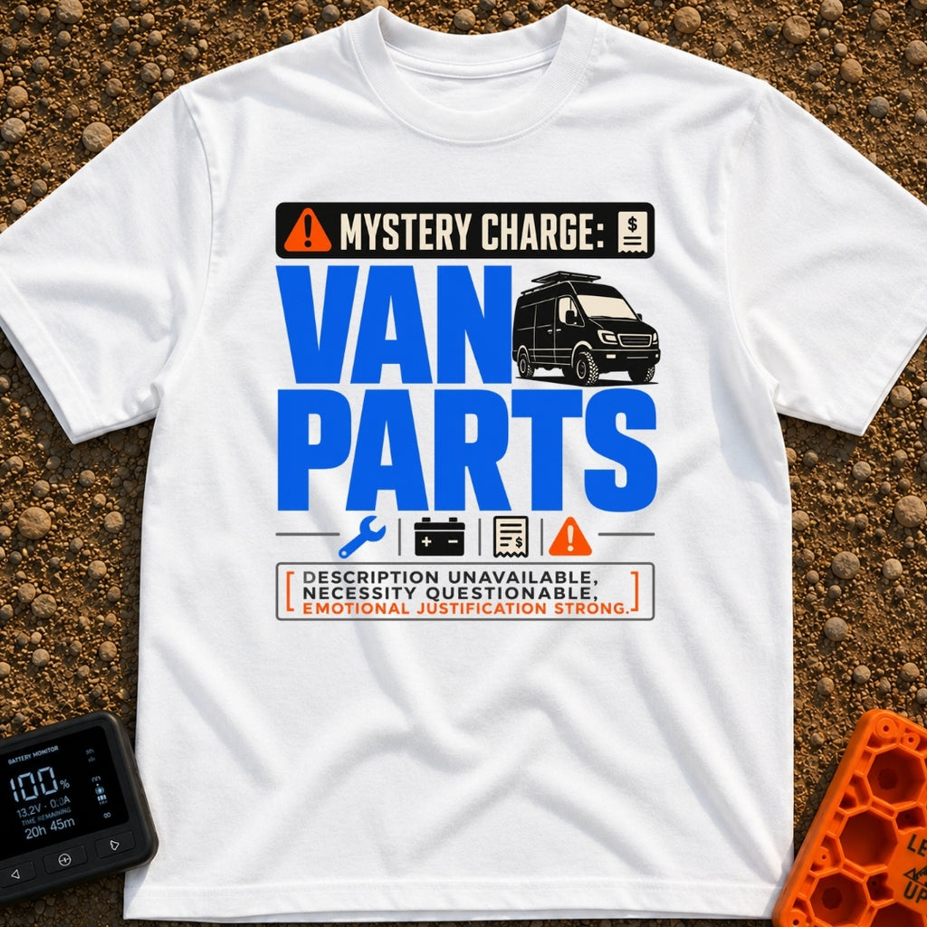 Mystery Charge Parts - T-Shirt in White - A graphic design featuring the large text "VAN PARTS" next to an illustration...