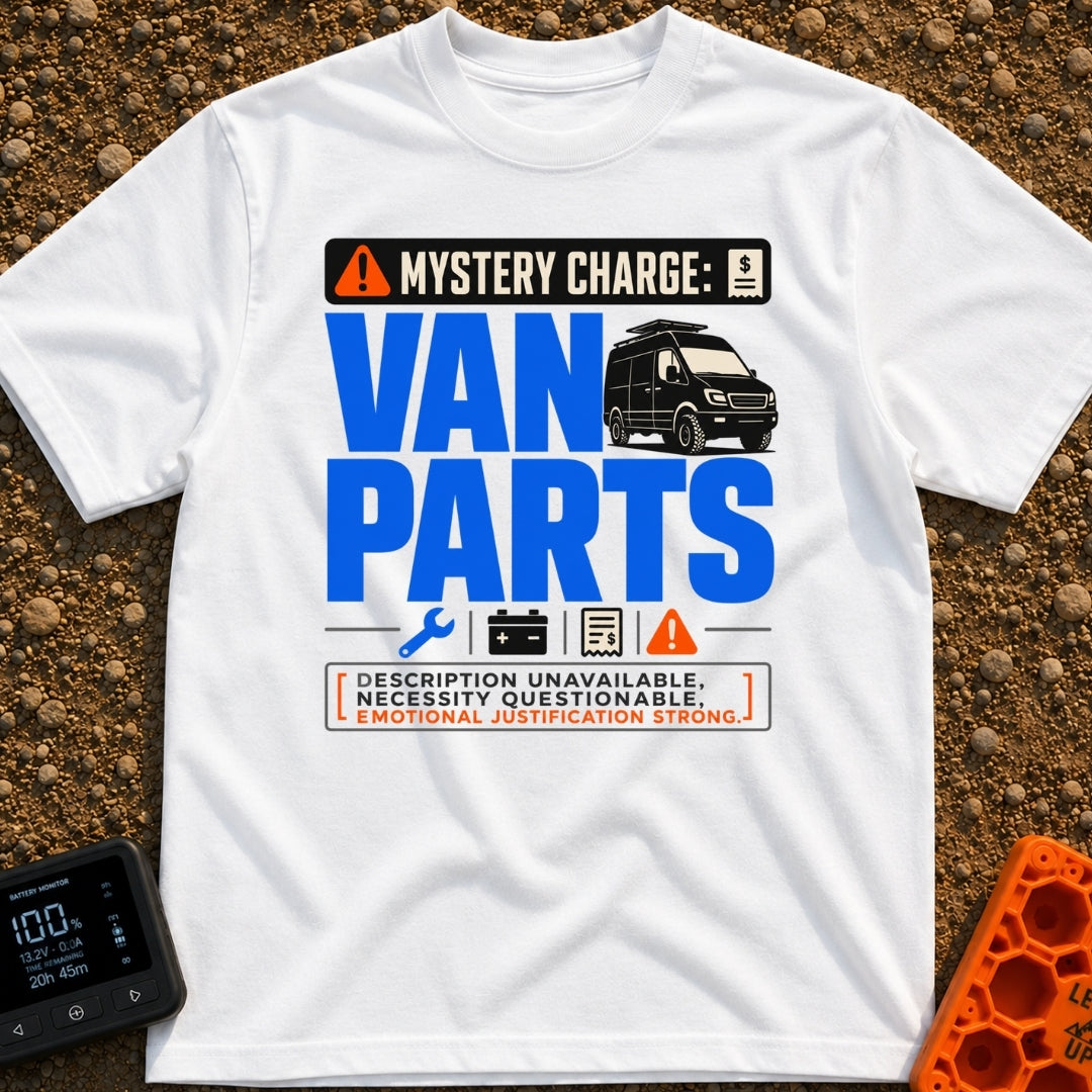 Mystery Charge Parts - T-Shirt in White - A graphic design featuring the large text "VAN PARTS" next to an illustration...