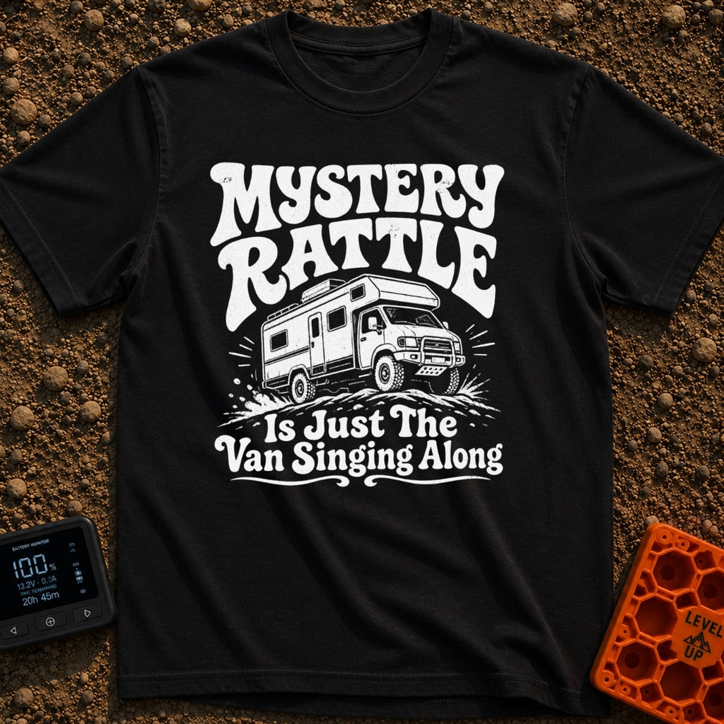 Where Is That Rattle - T-Shirt in Black - A distressed, white illustration of a rugged camper van or Class C motorhome...
