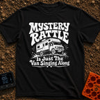 Where Is That Rattle - T-Shirt in Black - A distressed, white illustration of a rugged camper van or Class C motorhome...