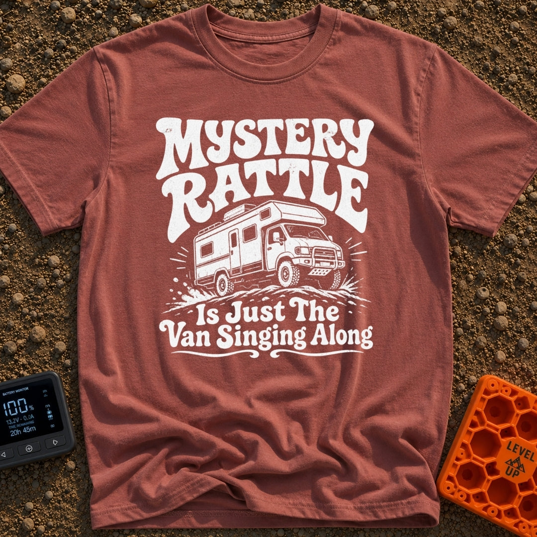 Where Is That Rattle - T-Shirt in Brick - A distressed, white illustration of a rugged camper van or Class C motorhome...