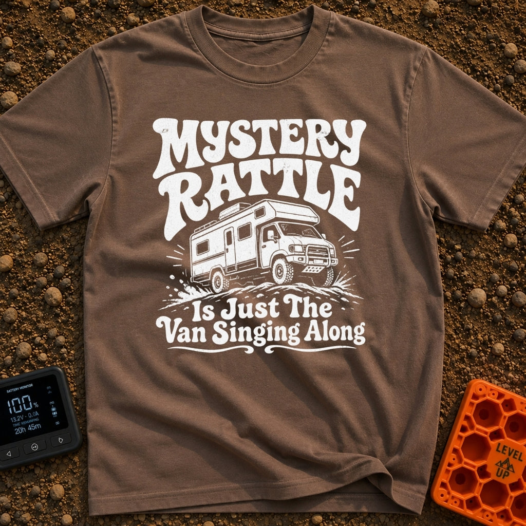 Where Is That Rattle - T-Shirt in Espresso - A distressed, white illustration of a rugged camper van or Class C motorhome...
