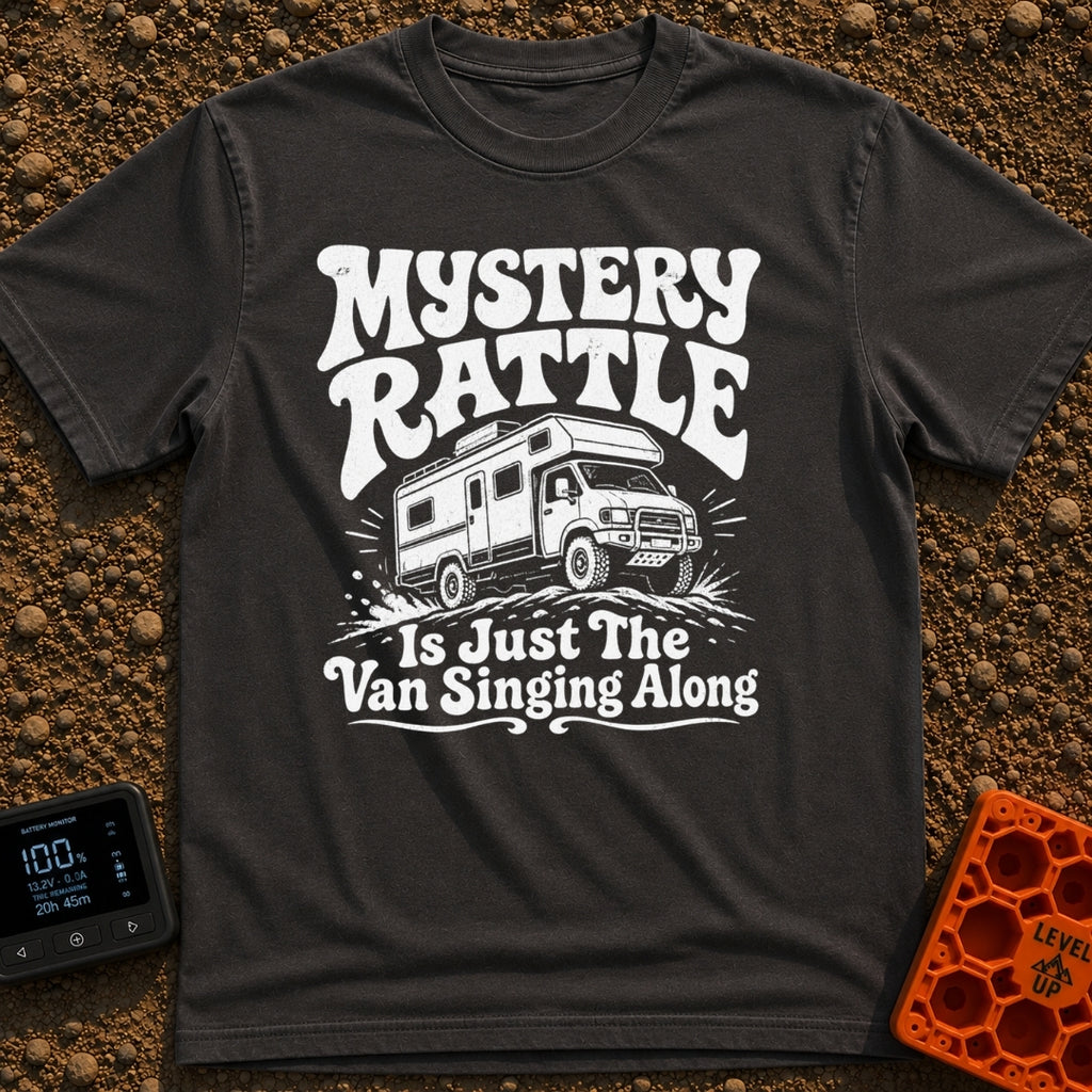 Where Is That Rattle - T-Shirt in Graphite - A distressed, white illustration of a rugged camper van or Class C motorhome...