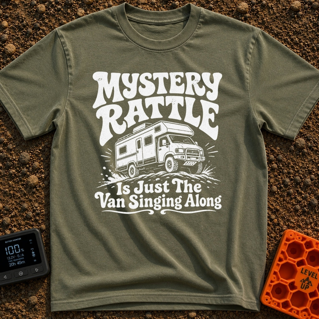 Where Is That Rattle - T-Shirt in Moss - A distressed, white illustration of a rugged camper van or Class C motorhome...