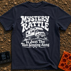 Where Is That Rattle - T-Shirt in Navy - A distressed, white illustration of a rugged camper van or Class C motorhome...