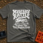 Where Is That Rattle - T-Shirt in Pepper - A distressed, white illustration of a rugged camper van or Class C motorhome...