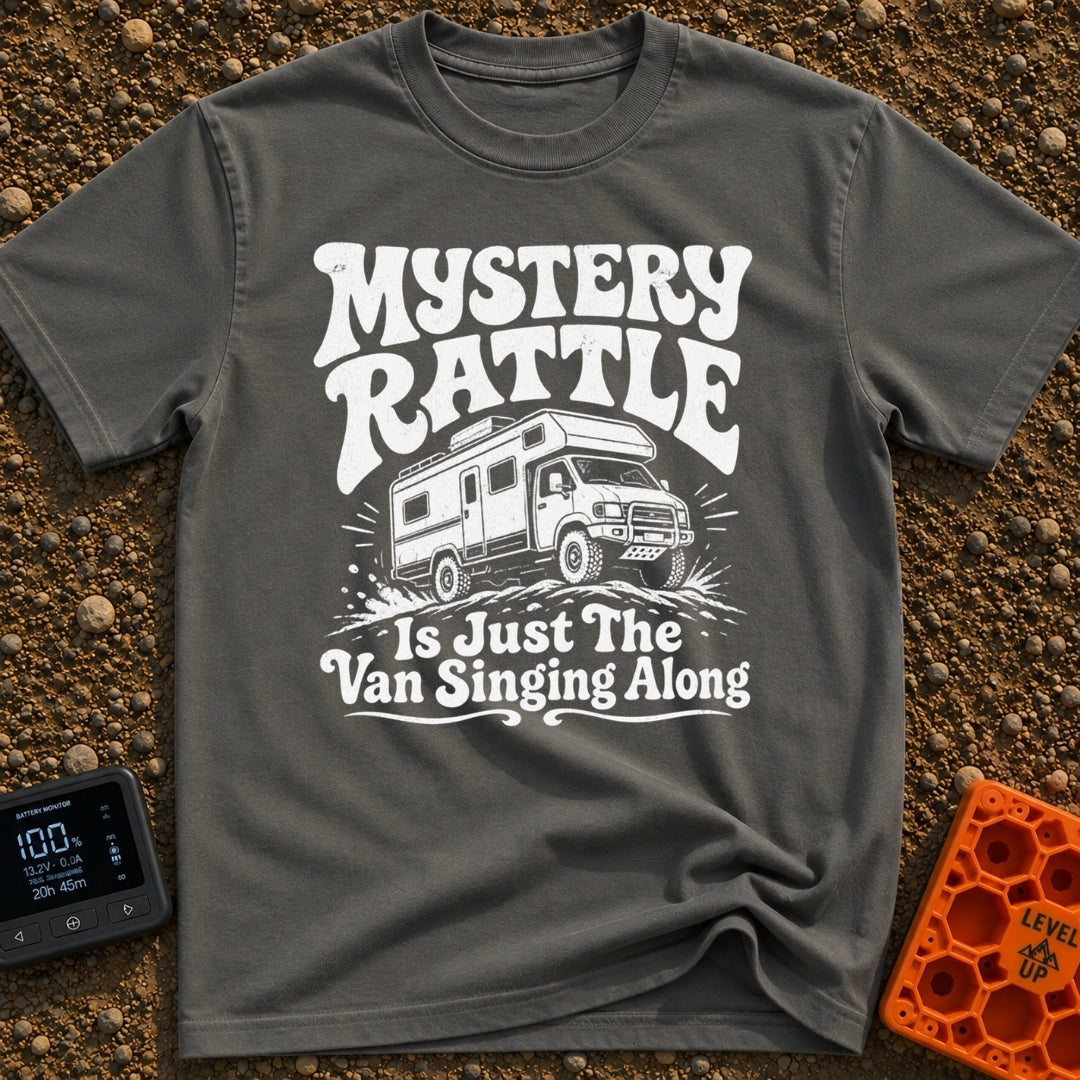 Where Is That Rattle - T-Shirt in Pepper - A distressed, white illustration of a rugged camper van or Class C motorhome...