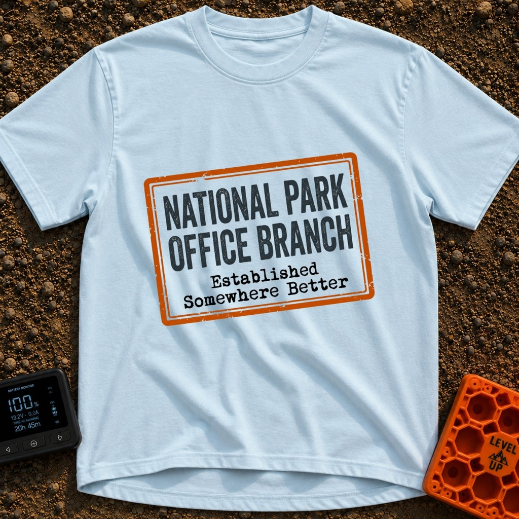 Established Somewhere Better - T-Shirt in Chambray - A graphic resembling a distressed rectangular rubber stamp with an...