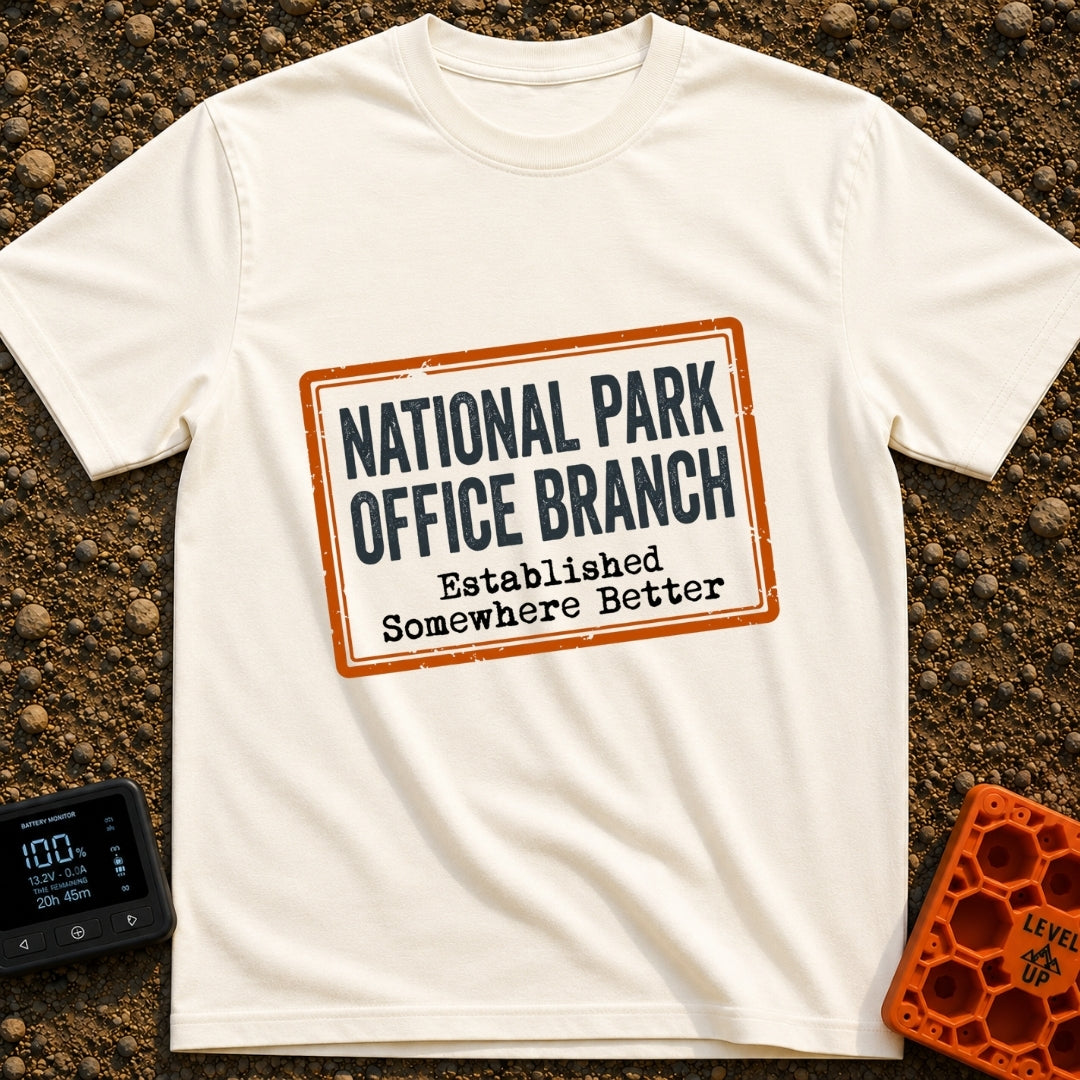 Established Somewhere Better - T-Shirt in Ivory - A graphic resembling a distressed rectangular rubber stamp with an...