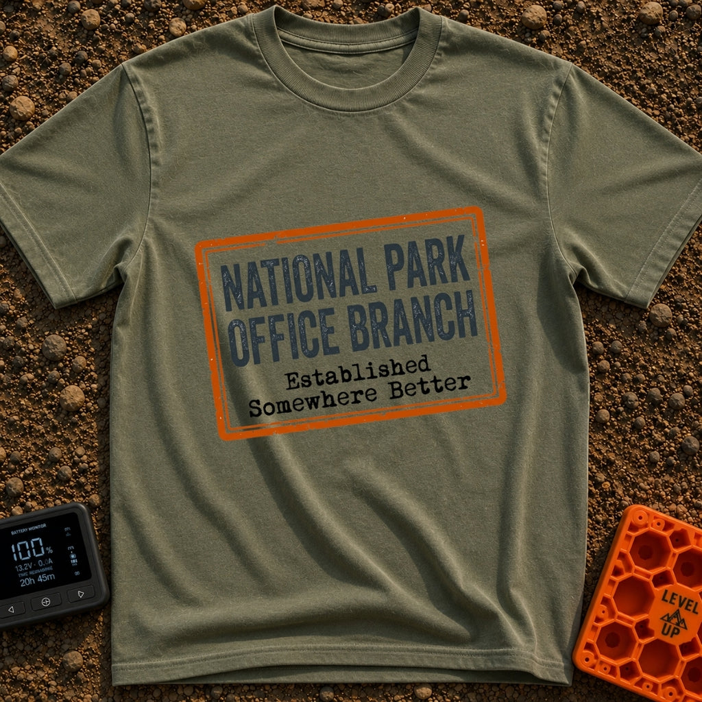 Established Somewhere Better - T-Shirt in Moss - A graphic resembling a distressed rectangular rubber stamp with an...