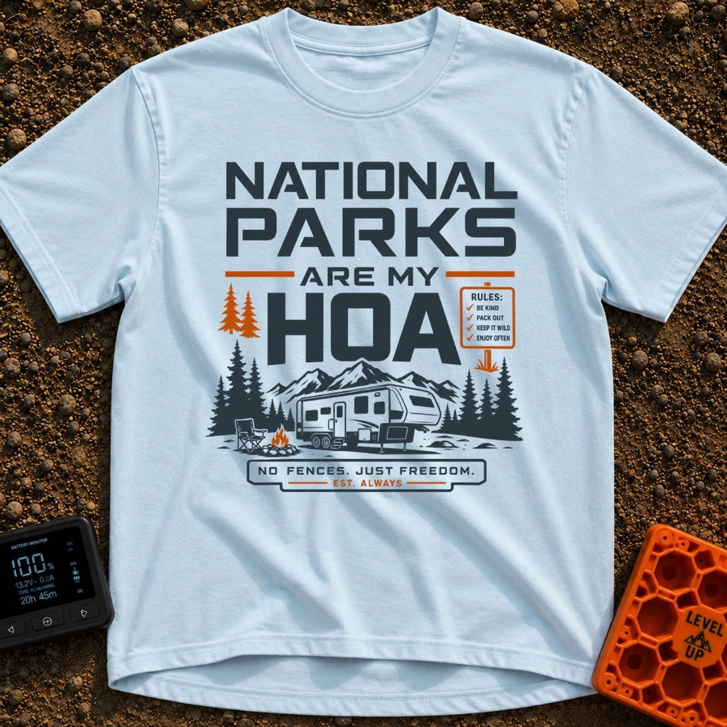 Nature Is My HOA - T-Shirt in Chambray - A graphic of a fifth-wheel RV parked in front of a mountain range and pine...