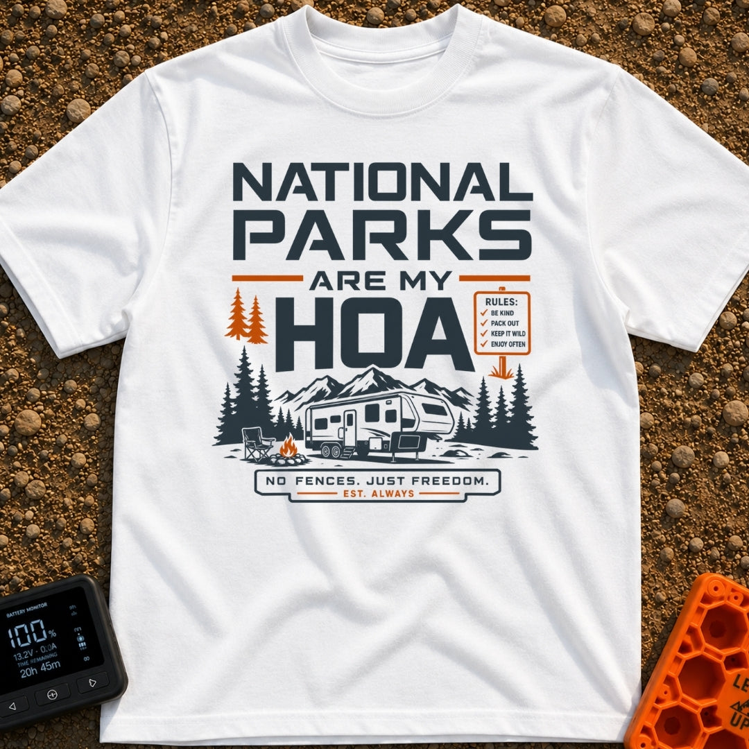 Nature Is My HOA - T-Shirt in White - A graphic of a fifth-wheel RV parked in front of a mountain range and pine trees....