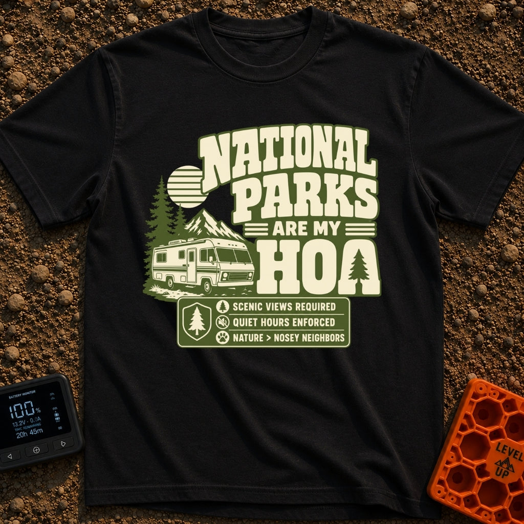 Nature Is My HOA - T-Shirt in Black - A graphic featuring a Class A motorhome parked in front of pine trees, mountains,...