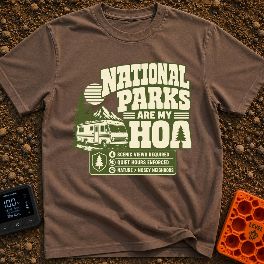 Nature Is My HOA - T-Shirt in Espresso - A graphic featuring a Class A motorhome parked in front of pine trees,...