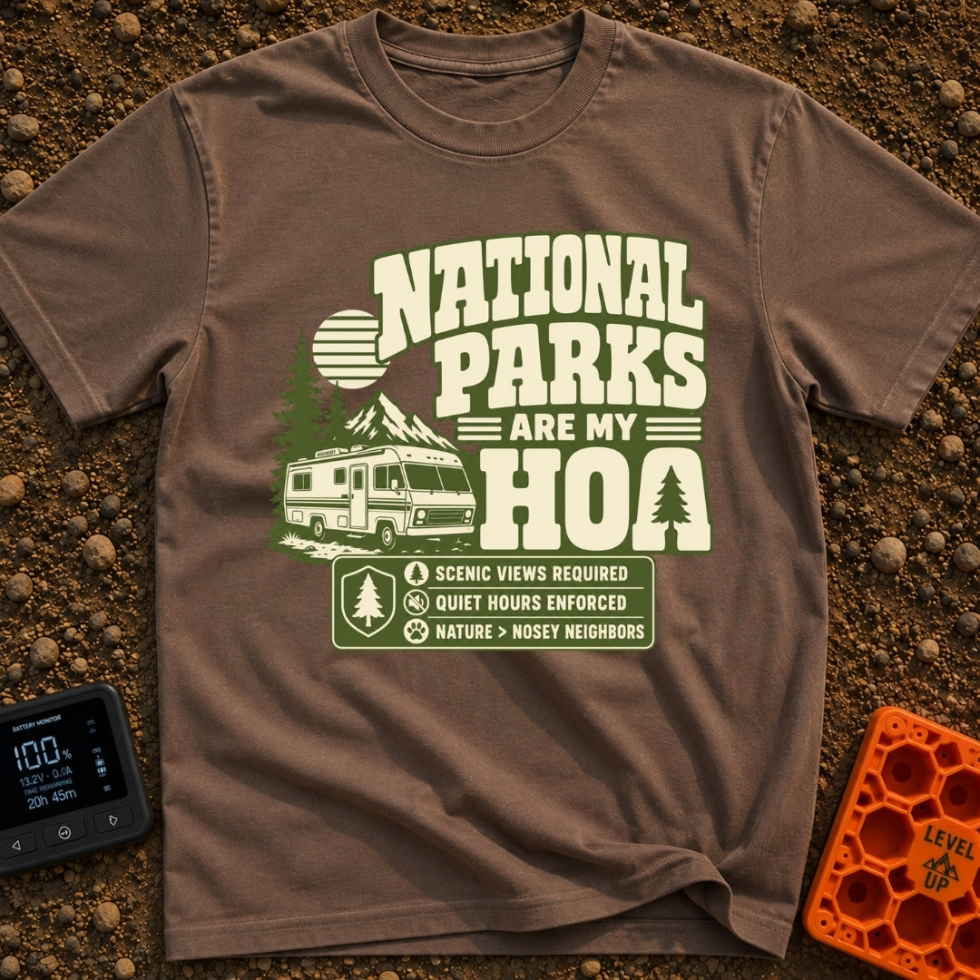 Nature Is My HOA - T-Shirt in Espresso - A graphic featuring a Class A motorhome parked in front of pine trees,...