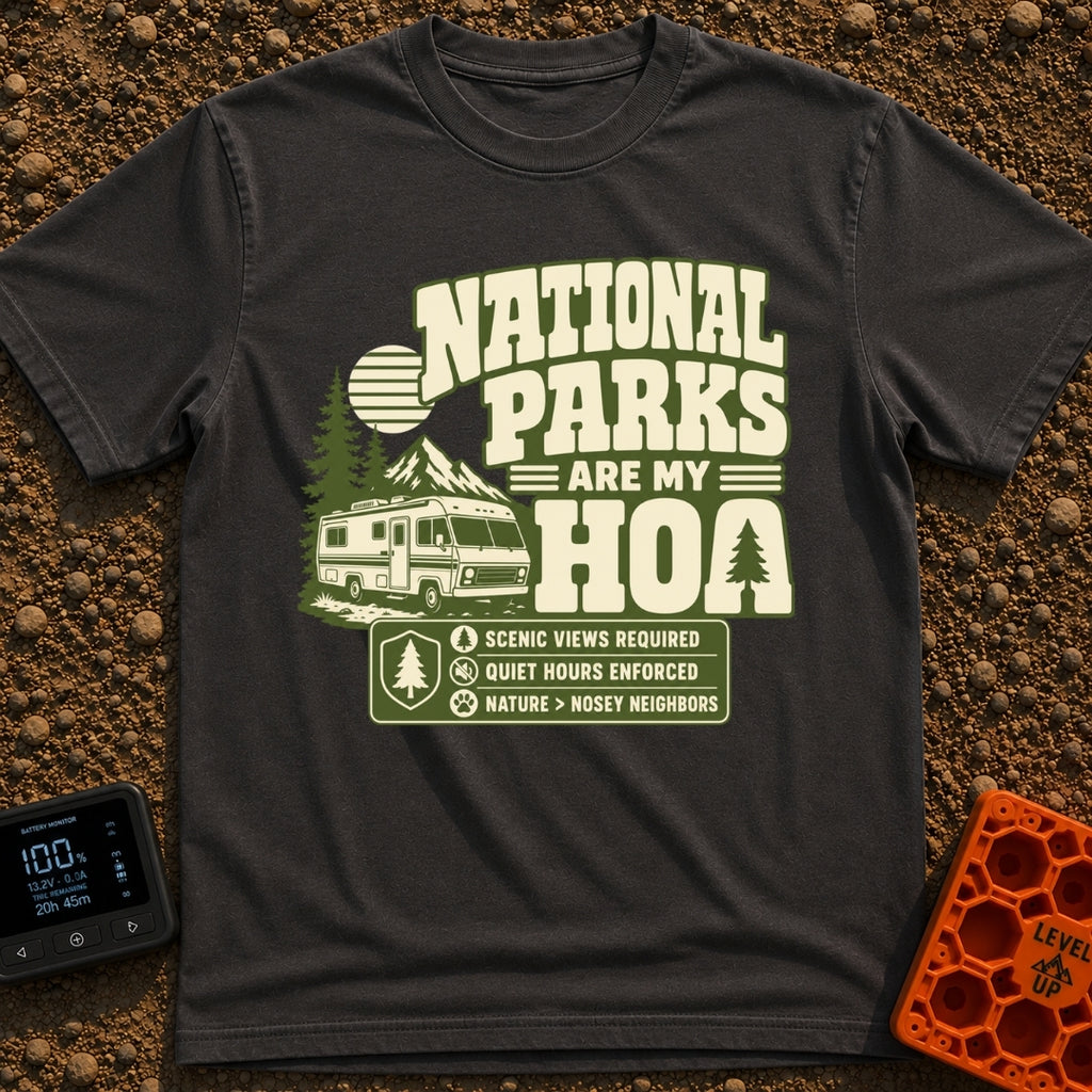 Nature Is My HOA - T-Shirt in Graphite - A graphic featuring a Class A motorhome parked in front of pine trees,...