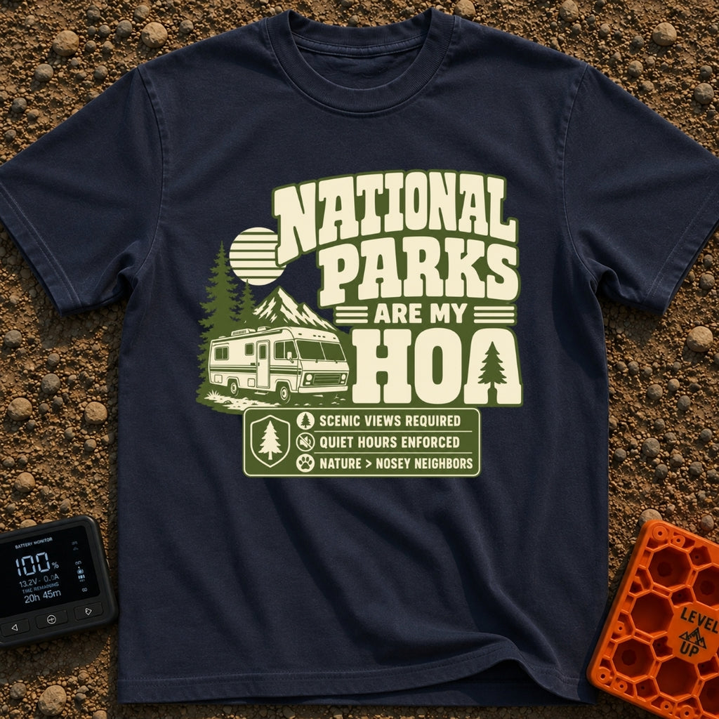Nature Is My HOA - T-Shirt in Navy - A graphic featuring a Class A motorhome parked in front of pine trees, mountains,...