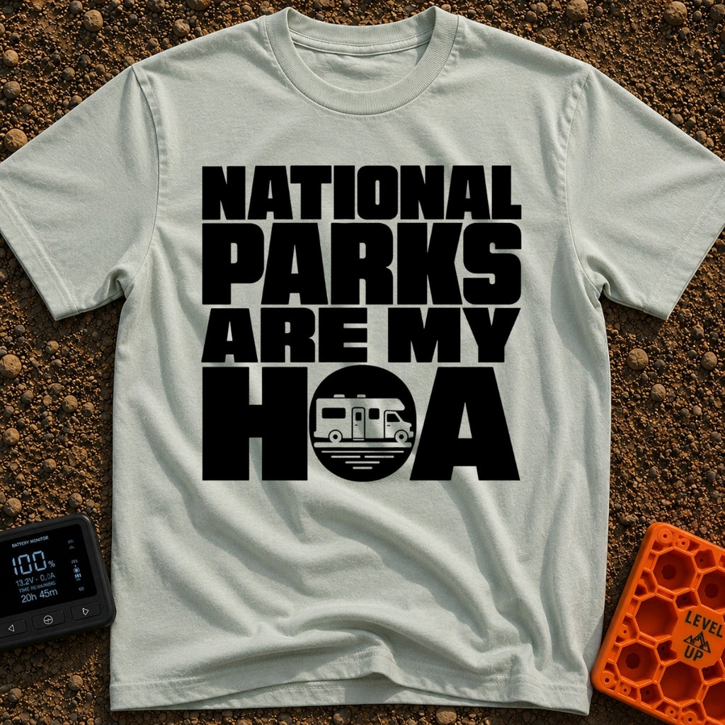 Parks Are My HOA - T-Shirt in Bay - Bold black text that reads "NATIONAL PARKS ARE MY HOA", where the letter "O" in HOA...