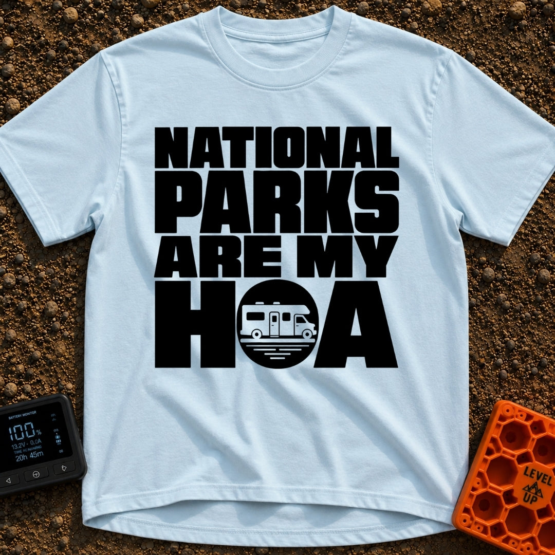 Parks Are My HOA - T-Shirt in Chambray - Bold black text that reads "NATIONAL PARKS ARE MY HOA", where the letter "O" in...