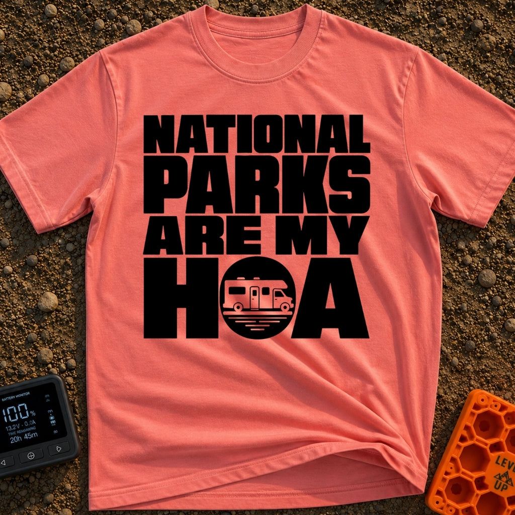 Parks Are My HOA - T-Shirt in Watermelon - Bold black text that reads "NATIONAL PARKS ARE MY HOA", where the letter "O"...