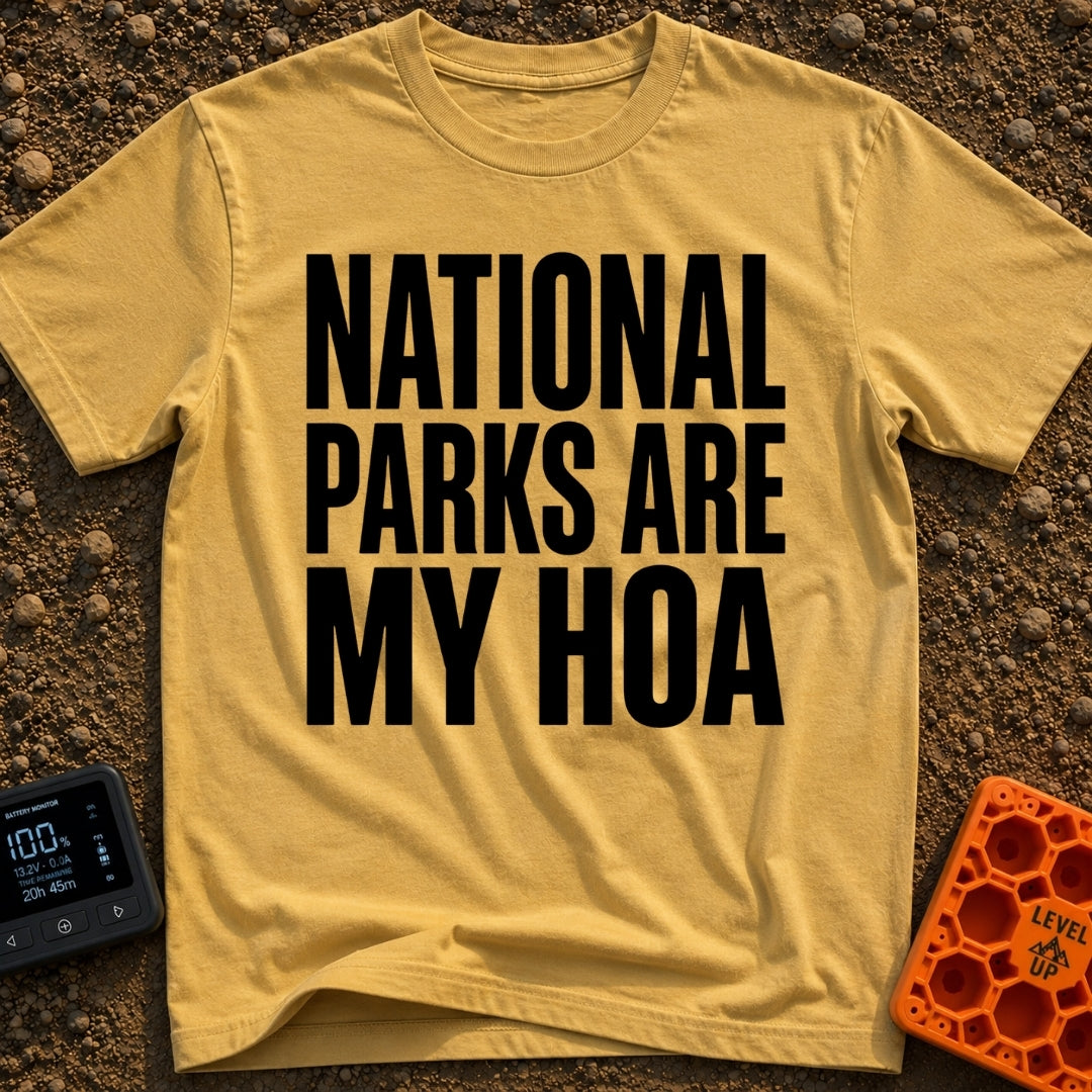 Parks Are My HOA - T-Shirt in Mustard - A text-only design featuring the phrase "NATIONAL PARKS ARE MY HOA" in large,...