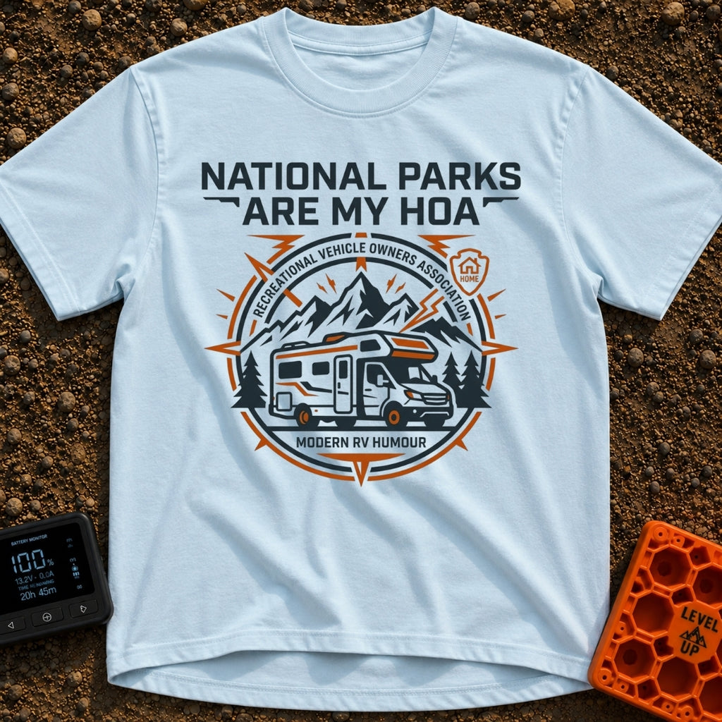 Parks Are My HOA - T-Shirt in Chambray - A graphic emblem featuring a Class C motorhome parked in front of mountains and...