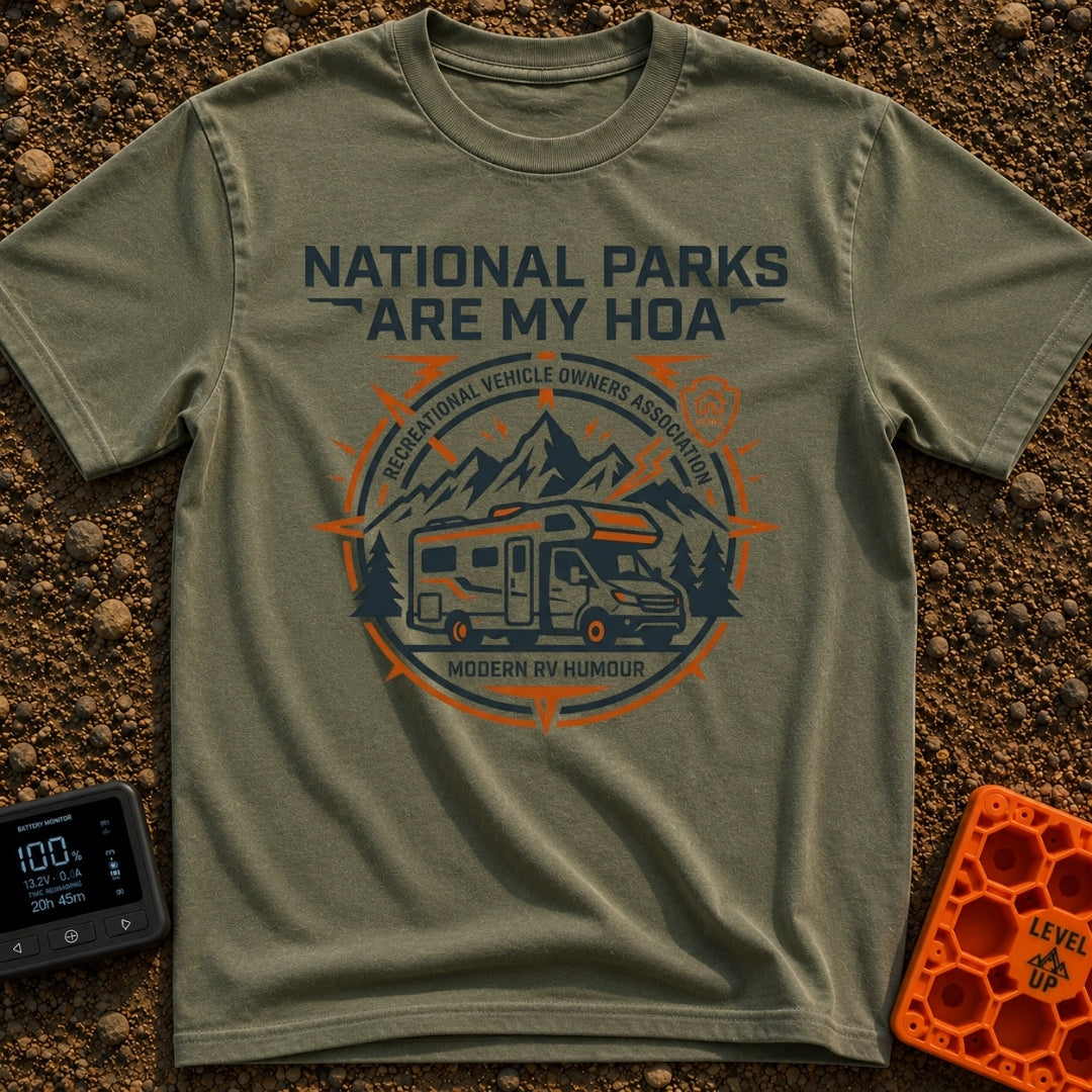 Parks Are My HOA - T-Shirt in Moss - A graphic emblem featuring a Class C motorhome parked in front of mountains and pine...