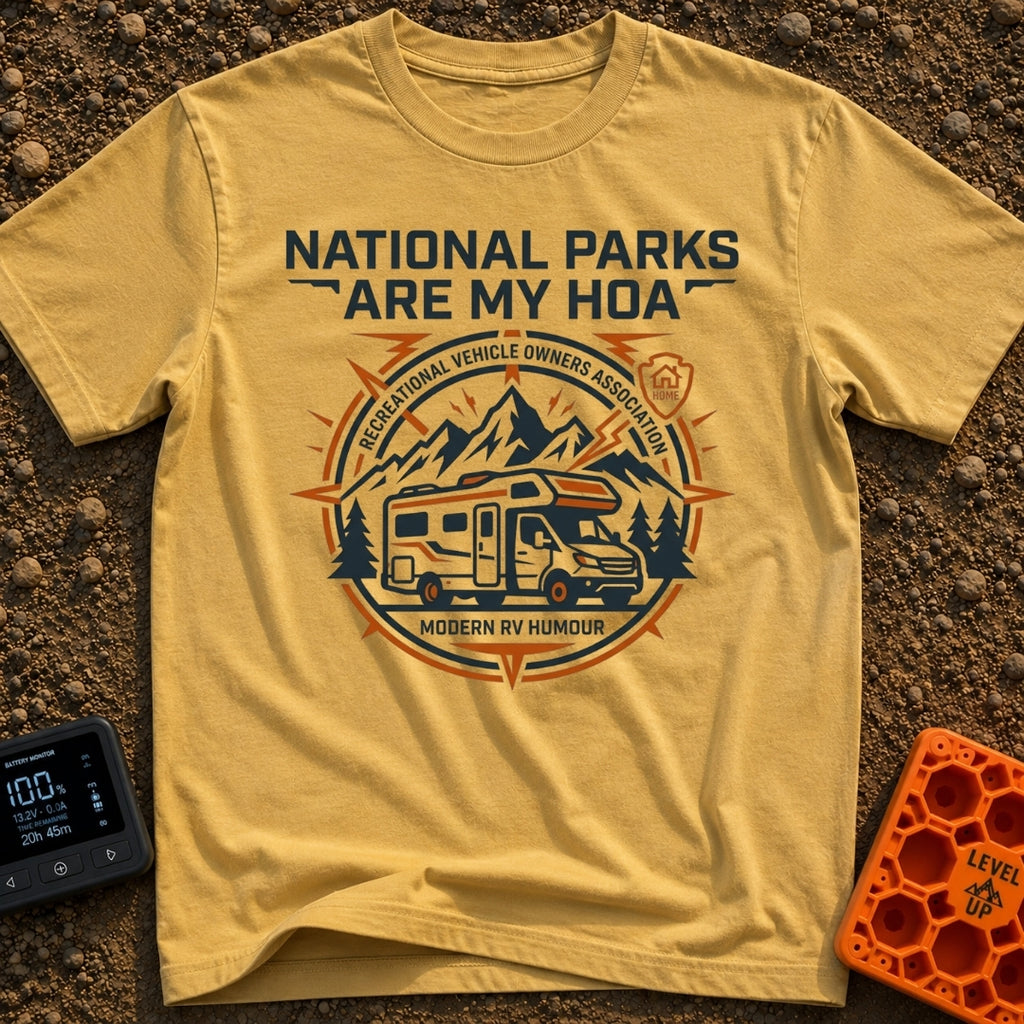 Parks Are My HOA - T-Shirt in Mustard - A graphic emblem featuring a Class C motorhome parked in front of mountains and...