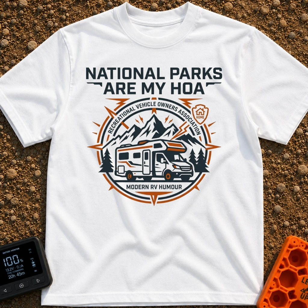 Parks Are My HOA - T-Shirt in White - A graphic emblem featuring a Class C motorhome parked in front of mountains and...