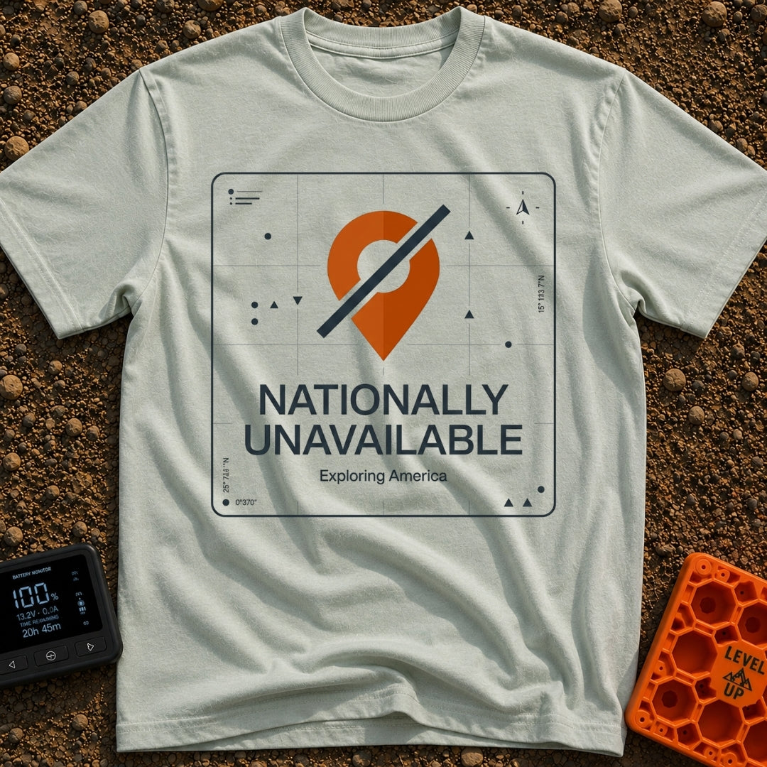 Temporarily Nationally Unavailable - T-Shirt in Bay - A graphic of an orange map location pin with a dark diagonal slash...