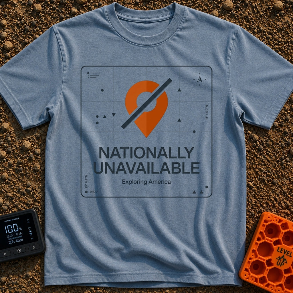 Temporarily Nationally Unavailable - T-Shirt in Blue Jean - A graphic of an orange map location pin with a dark diagonal...