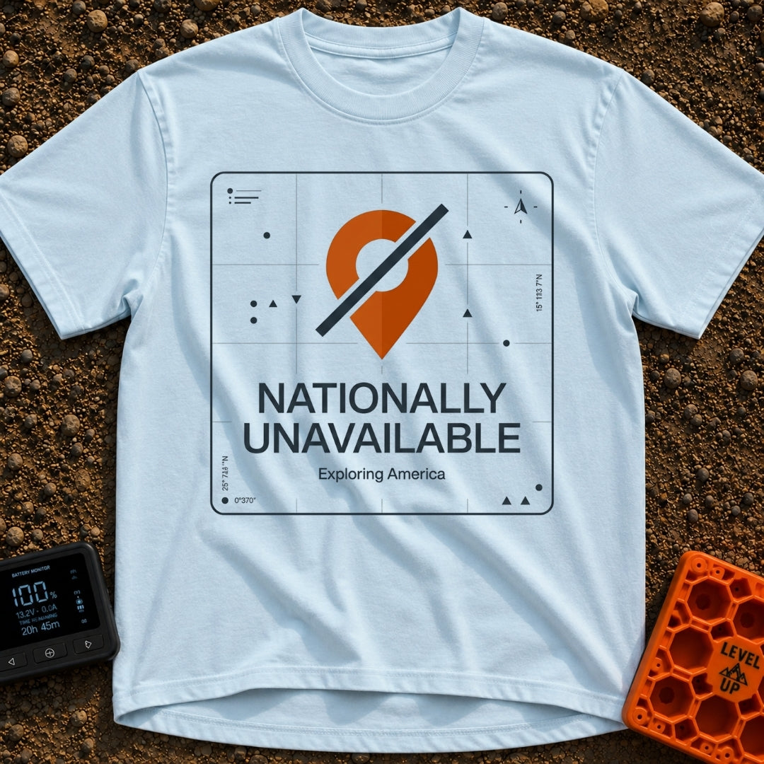 Temporarily Nationally Unavailable - T-Shirt in Chambray - A graphic of an orange map location pin with a dark diagonal...