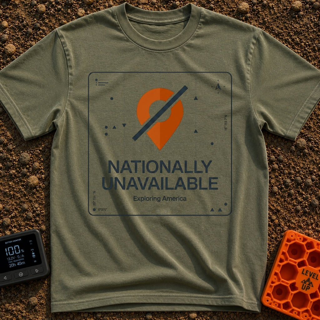 Temporarily Nationally Unavailable - T-Shirt in Moss - A graphic of an orange map location pin with a dark diagonal slash...