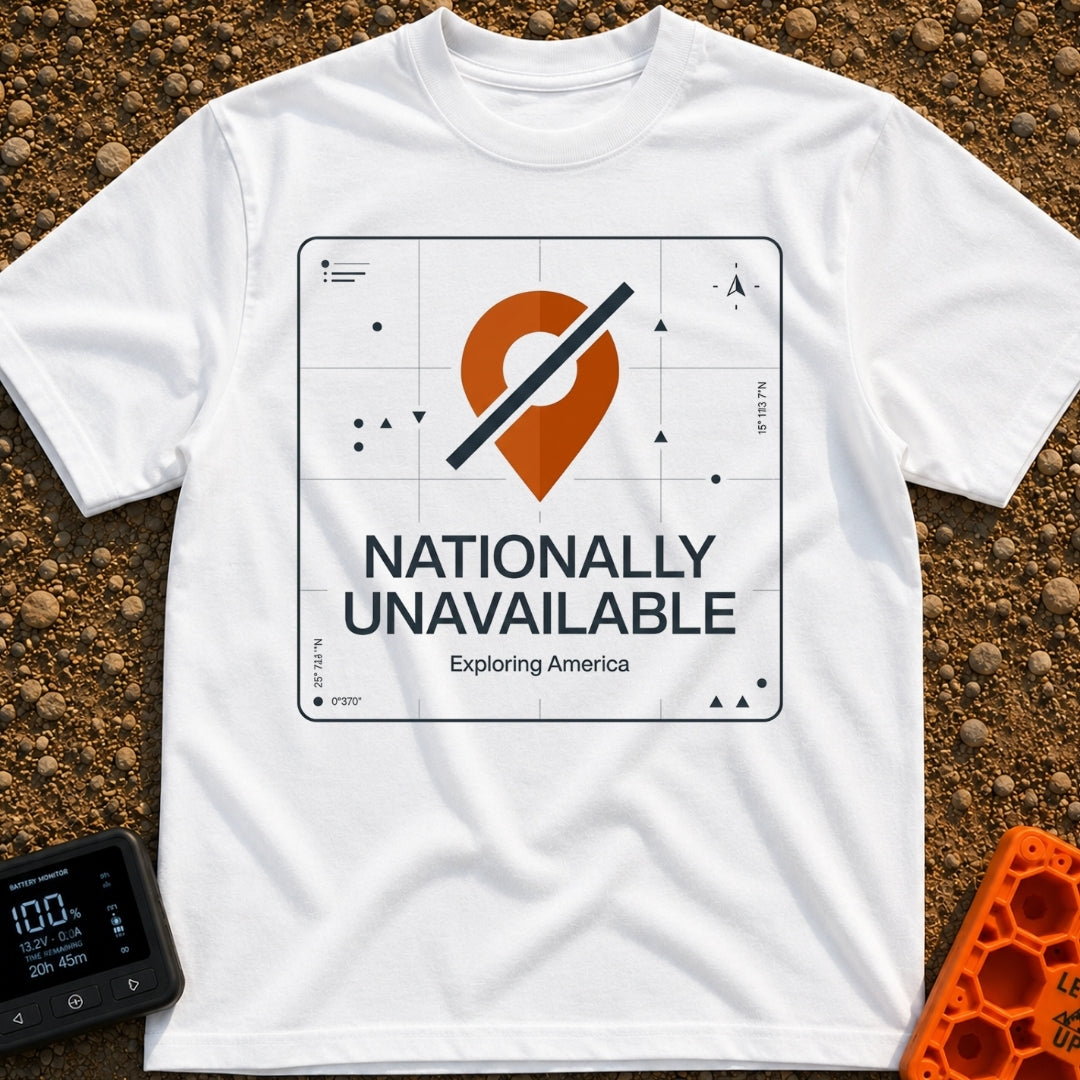 Temporarily Nationally Unavailable - T-Shirt in White - A graphic of an orange map location pin with a dark diagonal...
