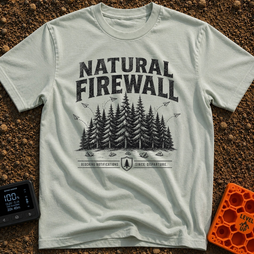 Nature Is My Firewall - T-Shirt in Bay - A black and white illustration of a dense cluster of pine trees acting as a...