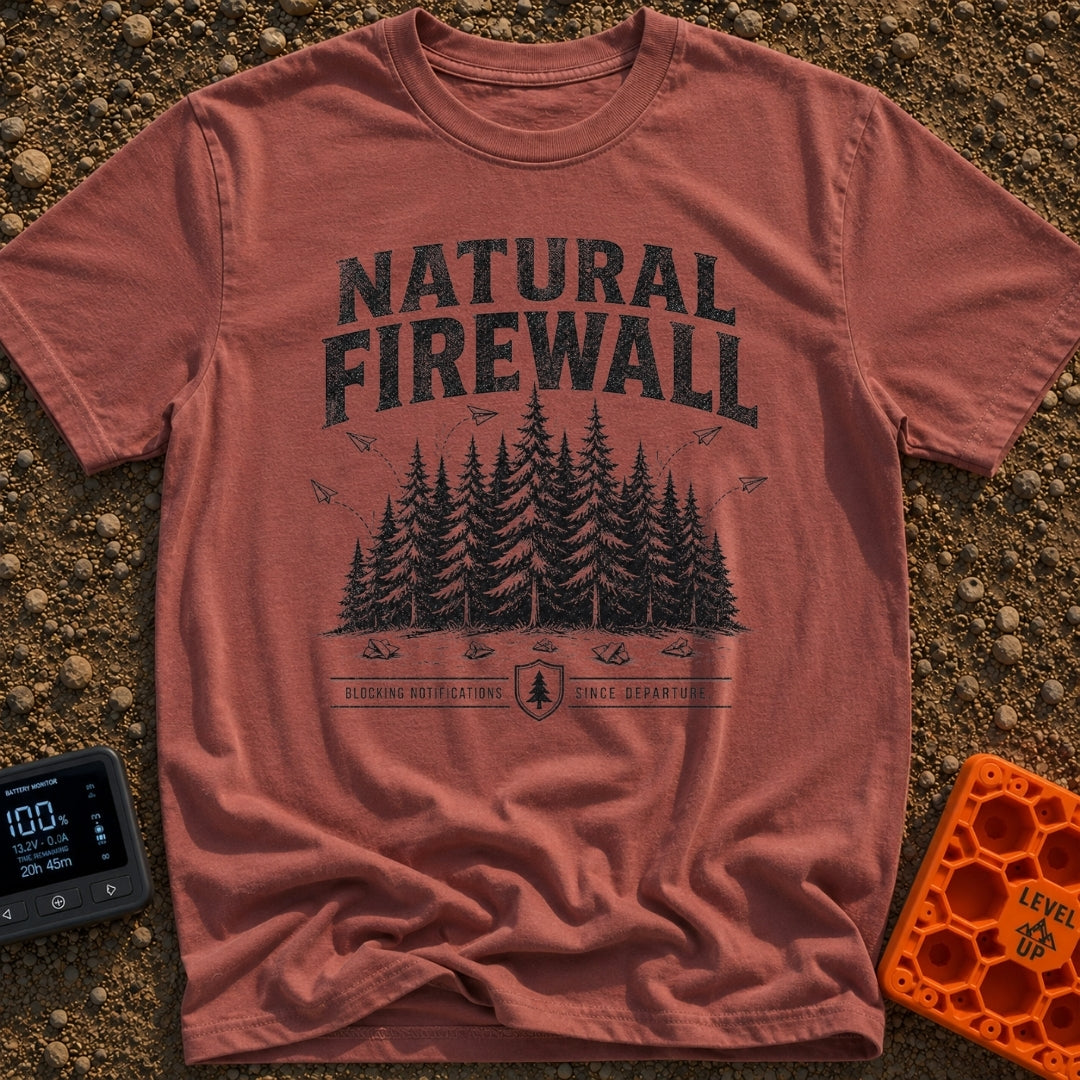 Nature Is My Firewall - T-Shirt in Brick - A black and white illustration of a dense cluster of pine trees acting as a...