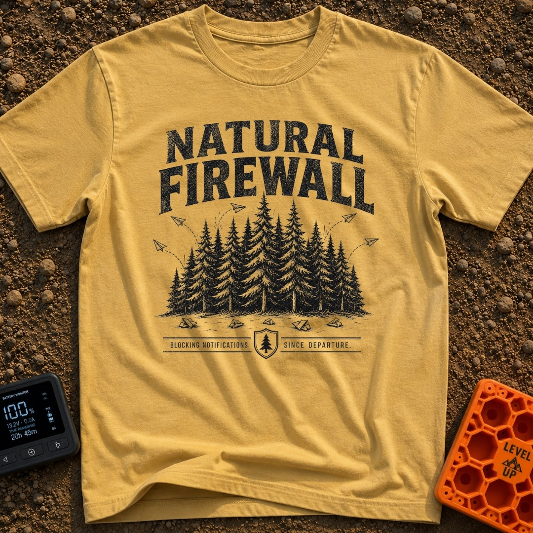 Nature Is My Firewall - T-Shirt in Mustard - A black and white illustration of a dense cluster of pine trees acting as a...