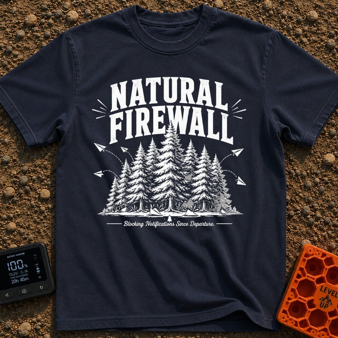 Nature Is My Firewall - T-Shirt in Navy - A black and white illustration of a dense cluster of pine trees acting as a...