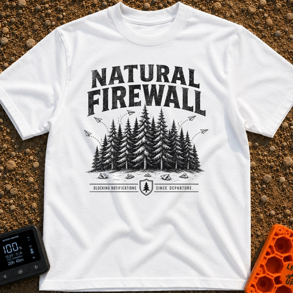 Nature Is My Firewall - T-Shirt in White - A black and white illustration of a dense cluster of pine trees acting as a...