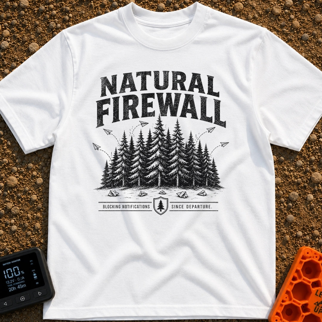 Nature Is My Firewall - T-Shirt in White - A black and white illustration of a dense cluster of pine trees acting as a...