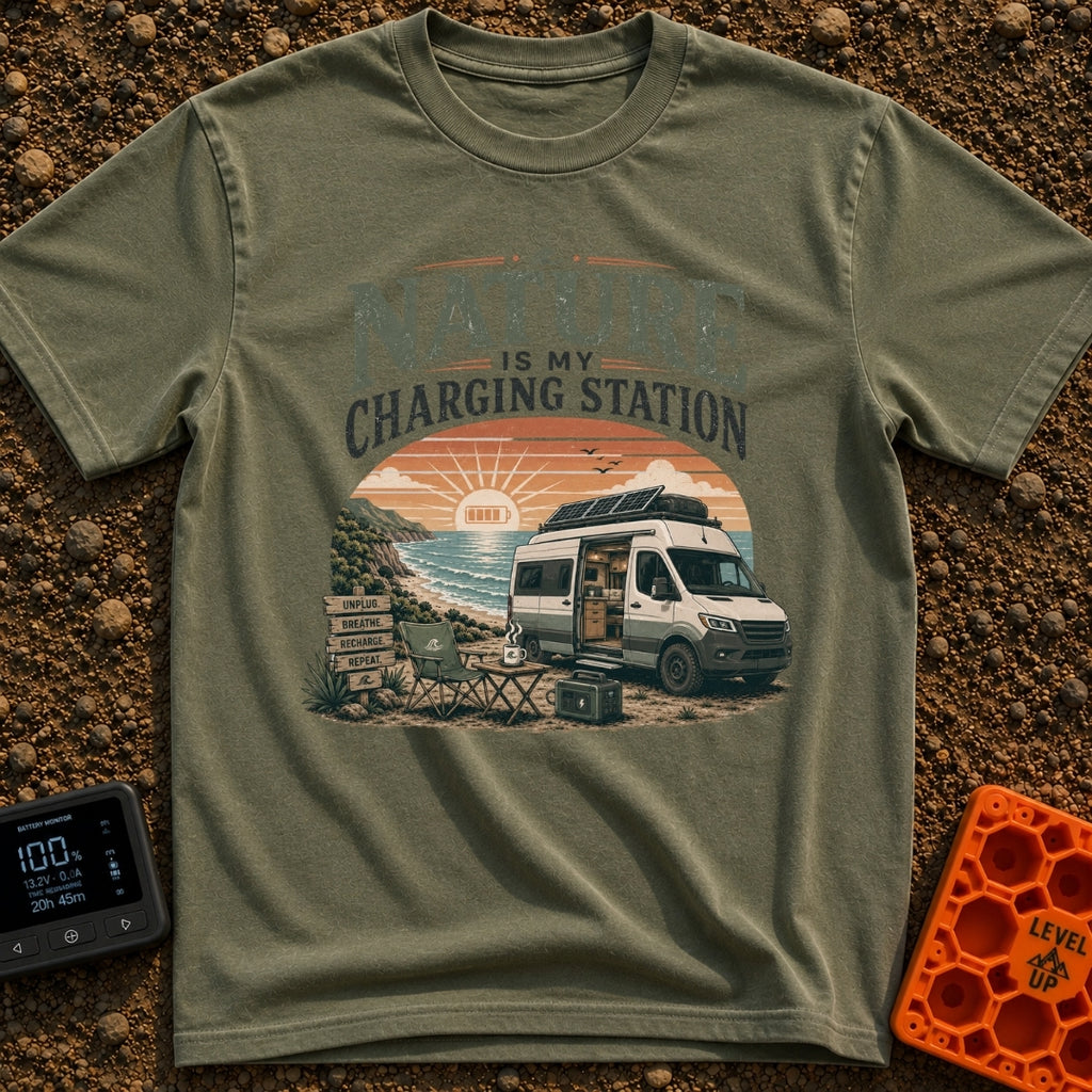 Nature Is My Outlet - T-Shirt in Moss - A camper van with roof-mounted solar panels is parked by the ocean with its side...