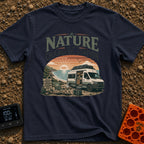 Nature Is My Outlet - T-Shirt in Navy - A camper van with roof-mounted solar panels is parked by the ocean with its side...